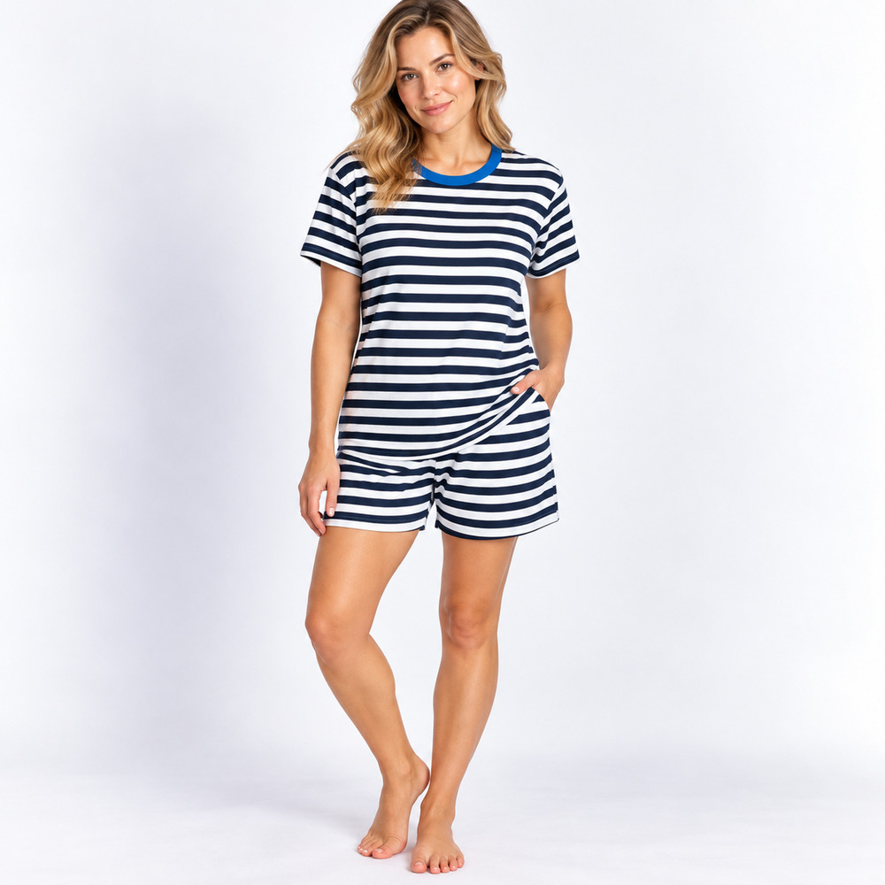 Hanna Andersson Short John Pajama Set L Organic Cotton Navy Stripe Blue PJs
